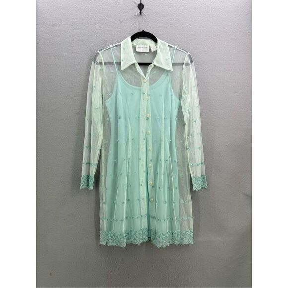 Vintage Y2K Hugo Buscati Mint Blue Mesh Embroidered Eyelet Shirt Dress  Sizs S - Picture 1 of 9